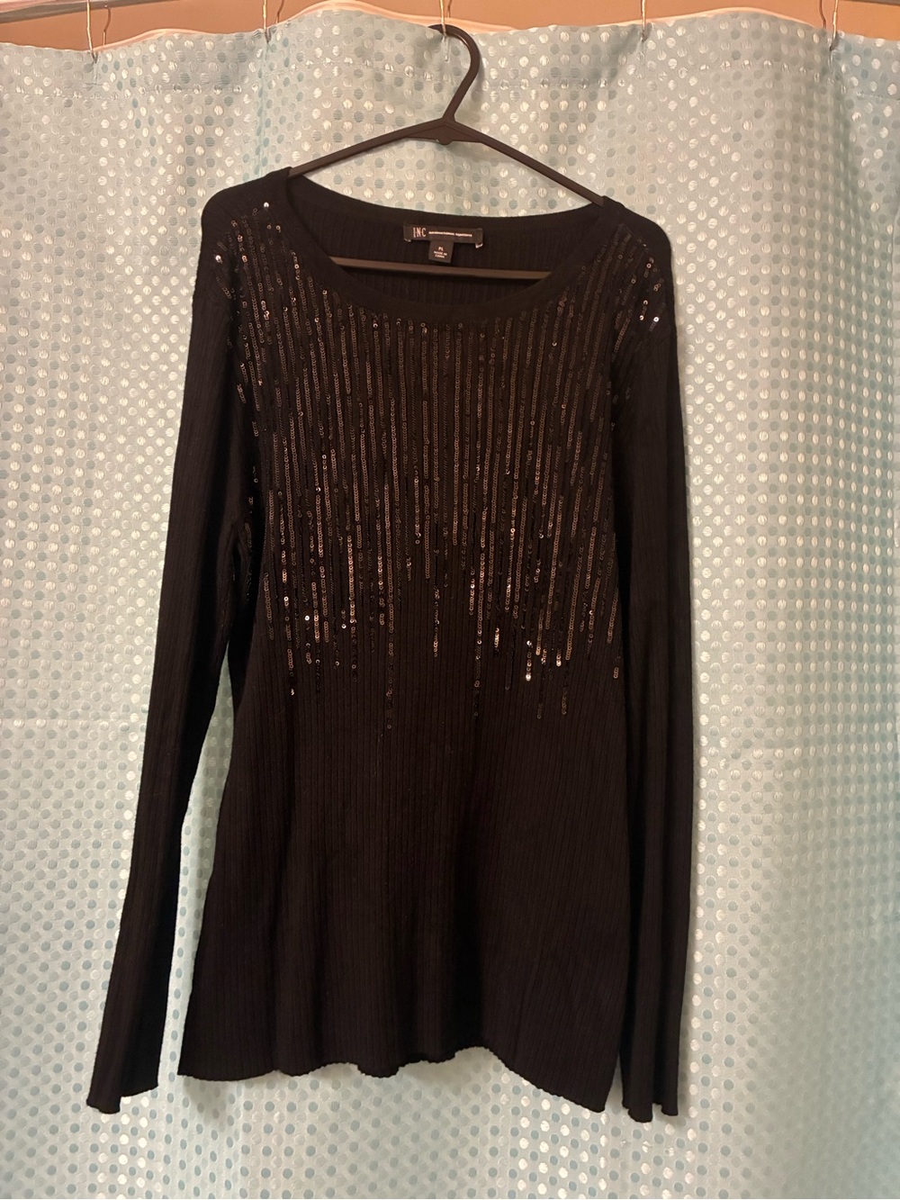 INC International Concepts Black Long-Sleeve Ribbed Top with Vertical Sequins